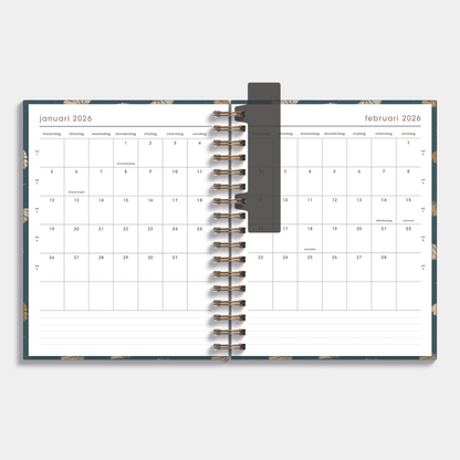 luxe weekplanner 2026 met ontwerp van goudfolie ginkgo bladeren – binnenwerk met maandplanner.