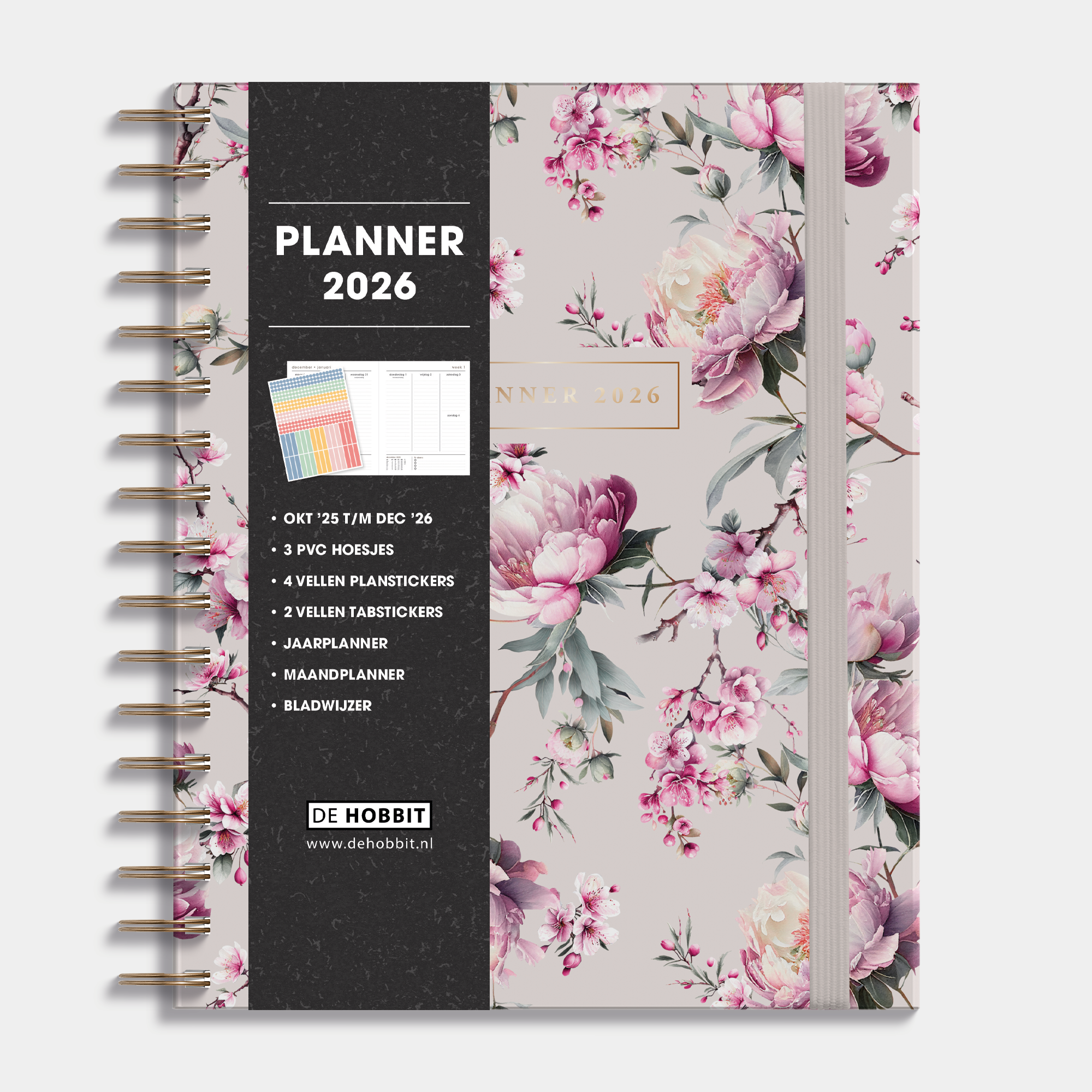 luxe weekplanner 2026 met stijlvolle print van kersenbloesem, harde cover en elastische sluiting – vooraanzicht met informatieve banderol.