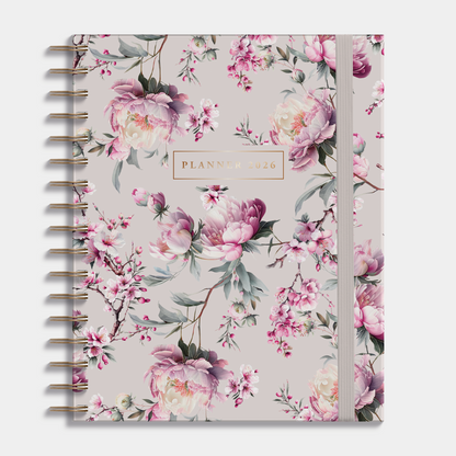 luxe weekplanner 2026 met stijlvolle print van kersenbloesem, harde cover en elastische sluiting – vooraanzicht.