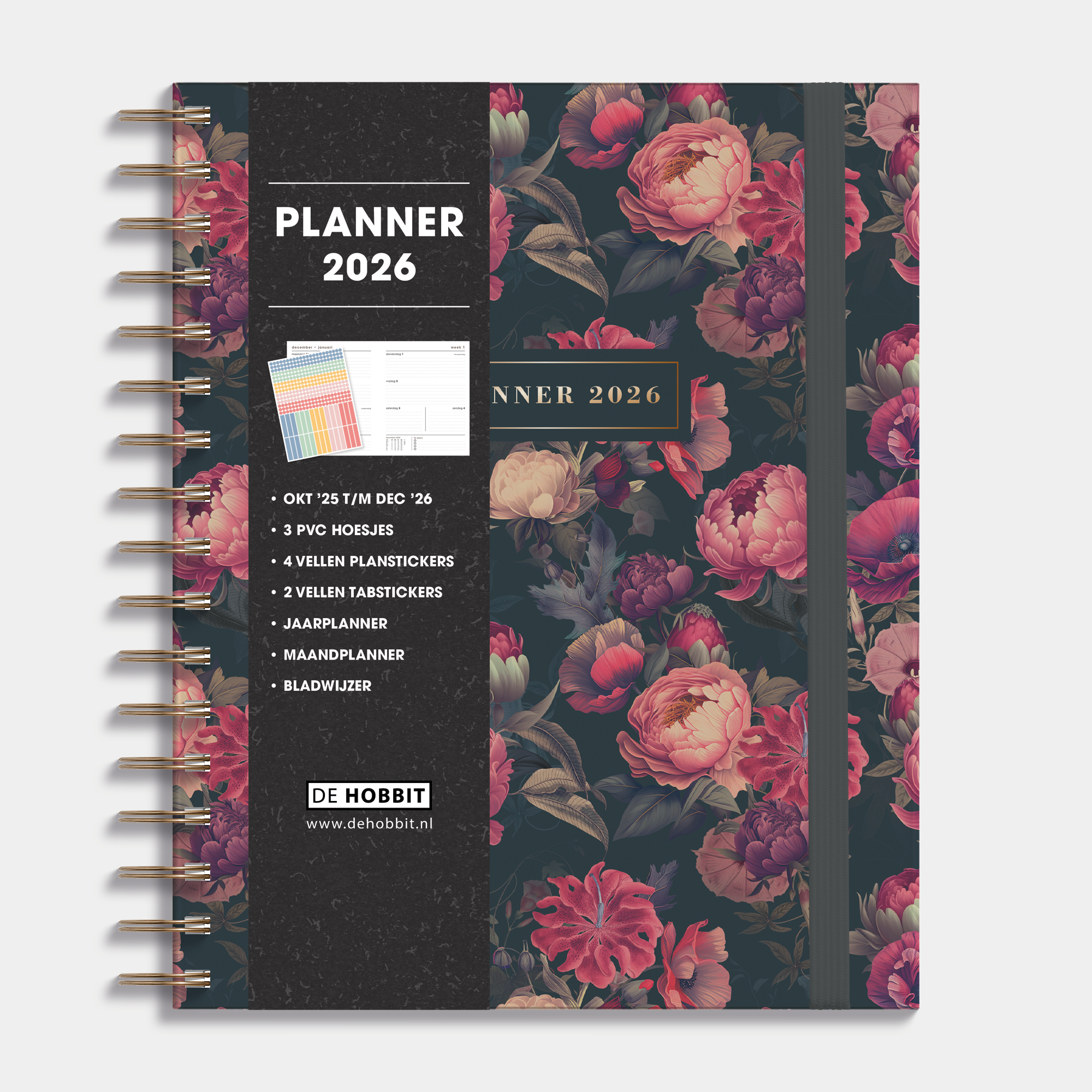 luxe weekplanner 2026 met klassiek dessin van rode rozen op een donkere achtergrond, harde cover en elastische sluiting – vooraanzicht met informatieve banderol.