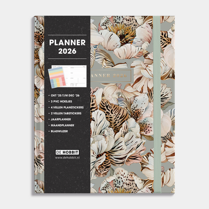 luxe weekplanner 2026 met print van tijgerlelies, harde cover en elastische sluiting – vooraanzicht met informatieve banderol.