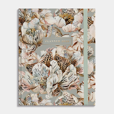 luxe weekplanner 2026 met print van tijgerlelies, harde cover en elastische sluiting – vooraanzicht.