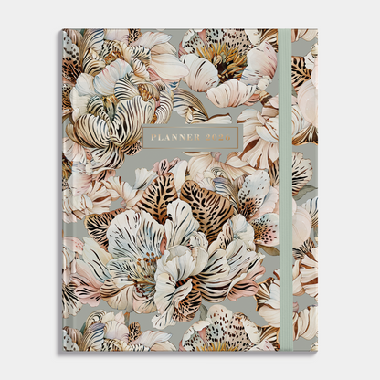 luxe weekplanner 2026 met print van tijgerlelies, harde cover en elastische sluiting – vooraanzicht.