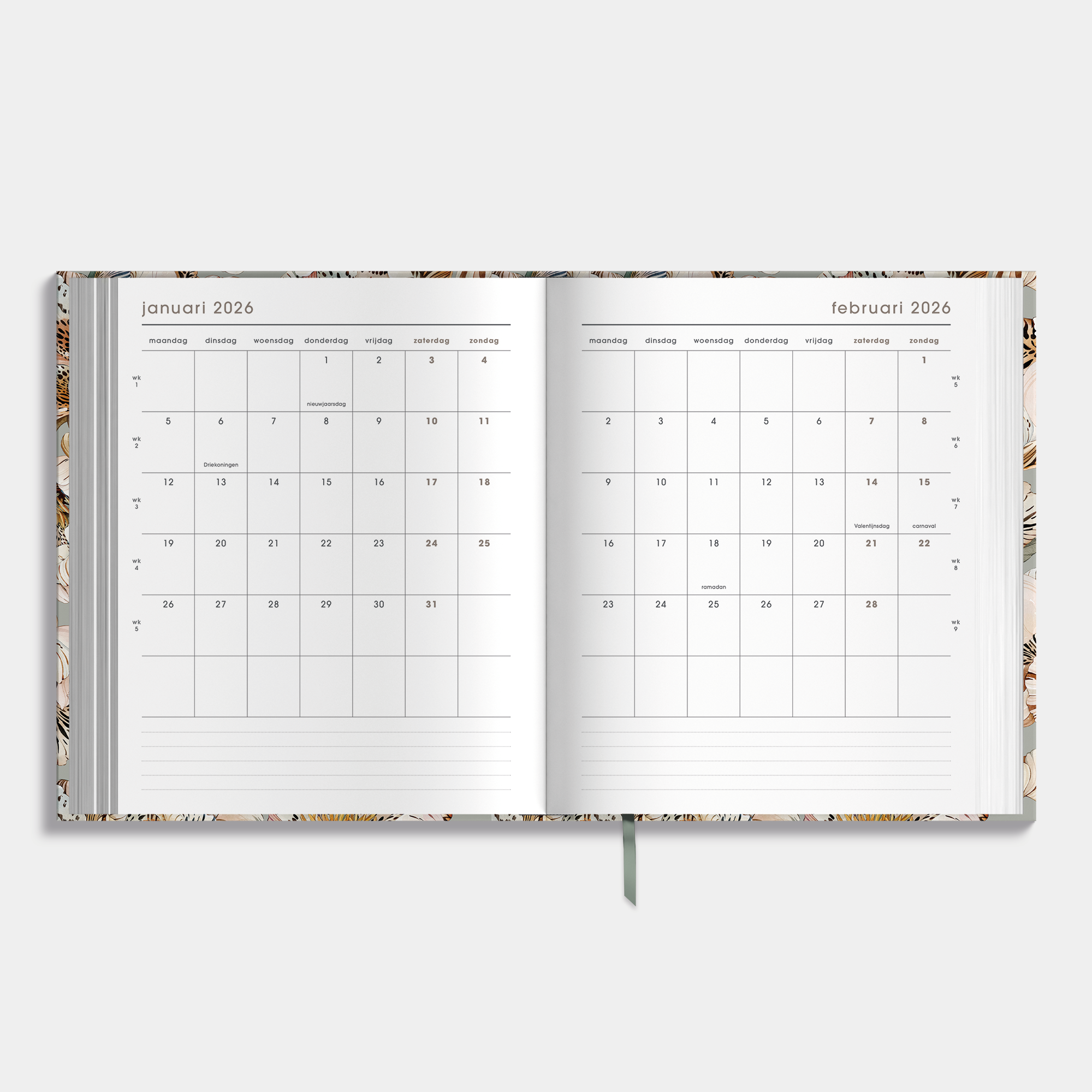 luxe weekplanner 2026 met print van tijgerlelies – binnenwerk met maandplanner.