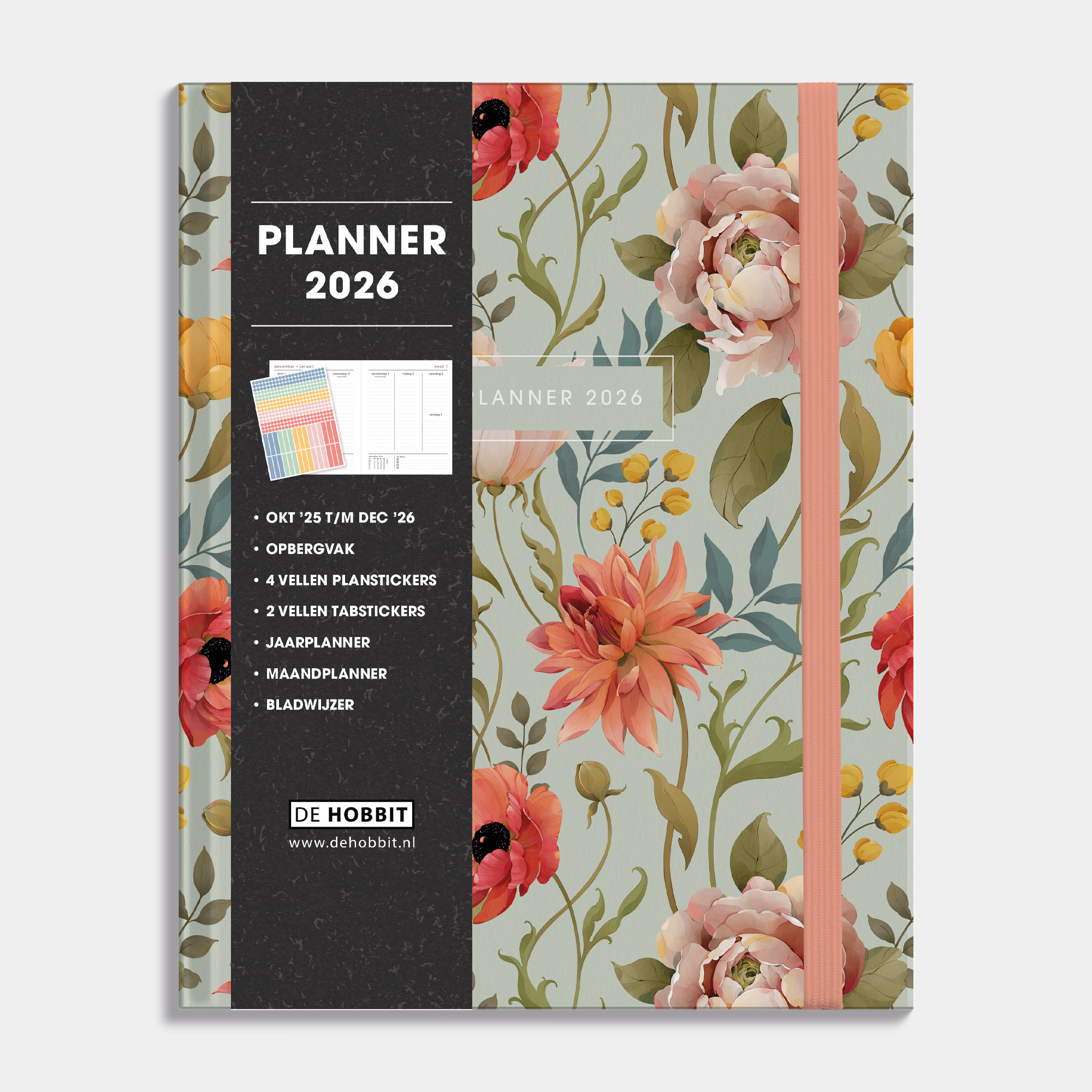 luxe weekplanner 2026 met vintage print van bloemen, harde cover en elastische sluiting – vooraanzicht met informatieve banderol.