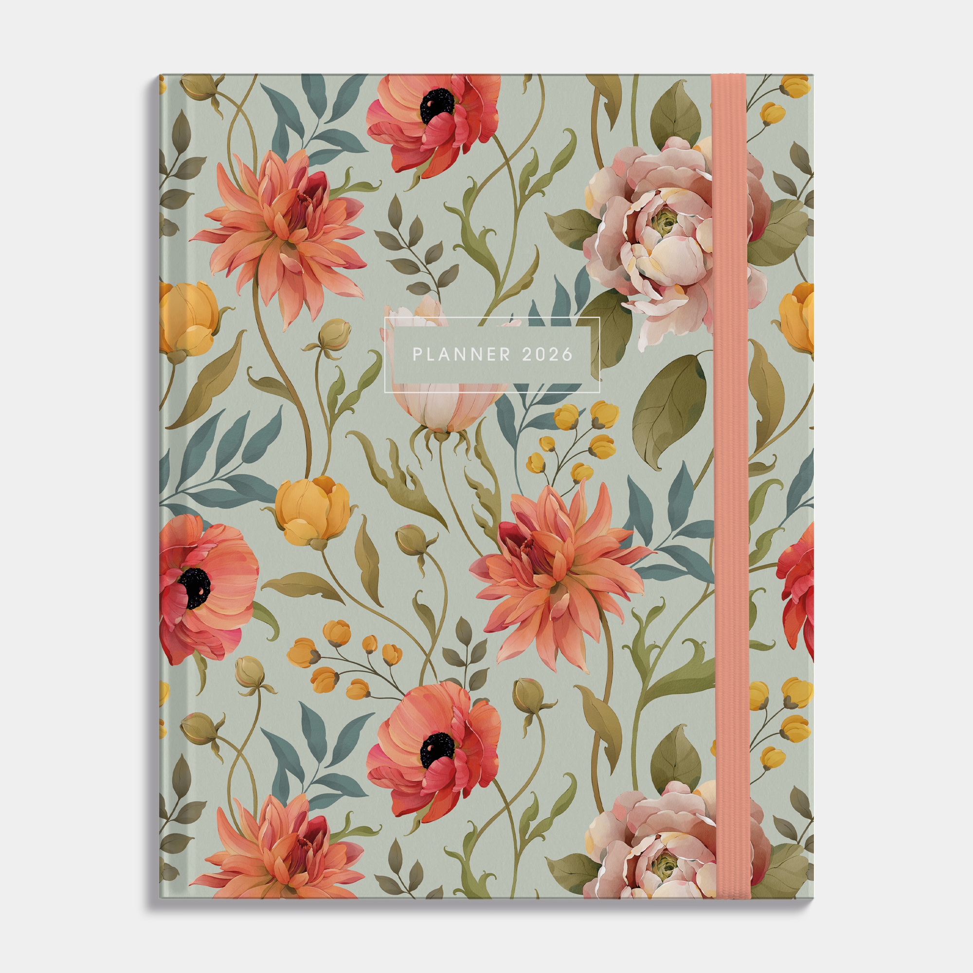luxe weekplanner 2026 met vintage print van bloemen, harde cover en elastische sluiting – vooraanzicht.