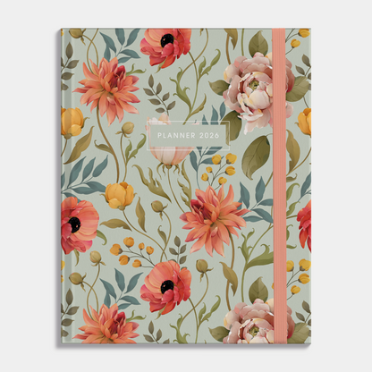 luxe weekplanner 2026 met vintage print van bloemen, harde cover en elastische sluiting – vooraanzicht.