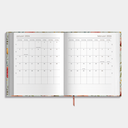 luxe weekplanner 2026 met vintage print van bloemen – weekoverzicht met maandplanner.