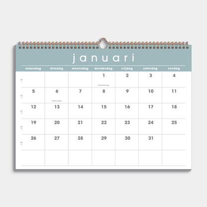maandkalender 2026 in A3 met grijsgroene kleuraccenten en metalen spiraal – maandoverzicht.