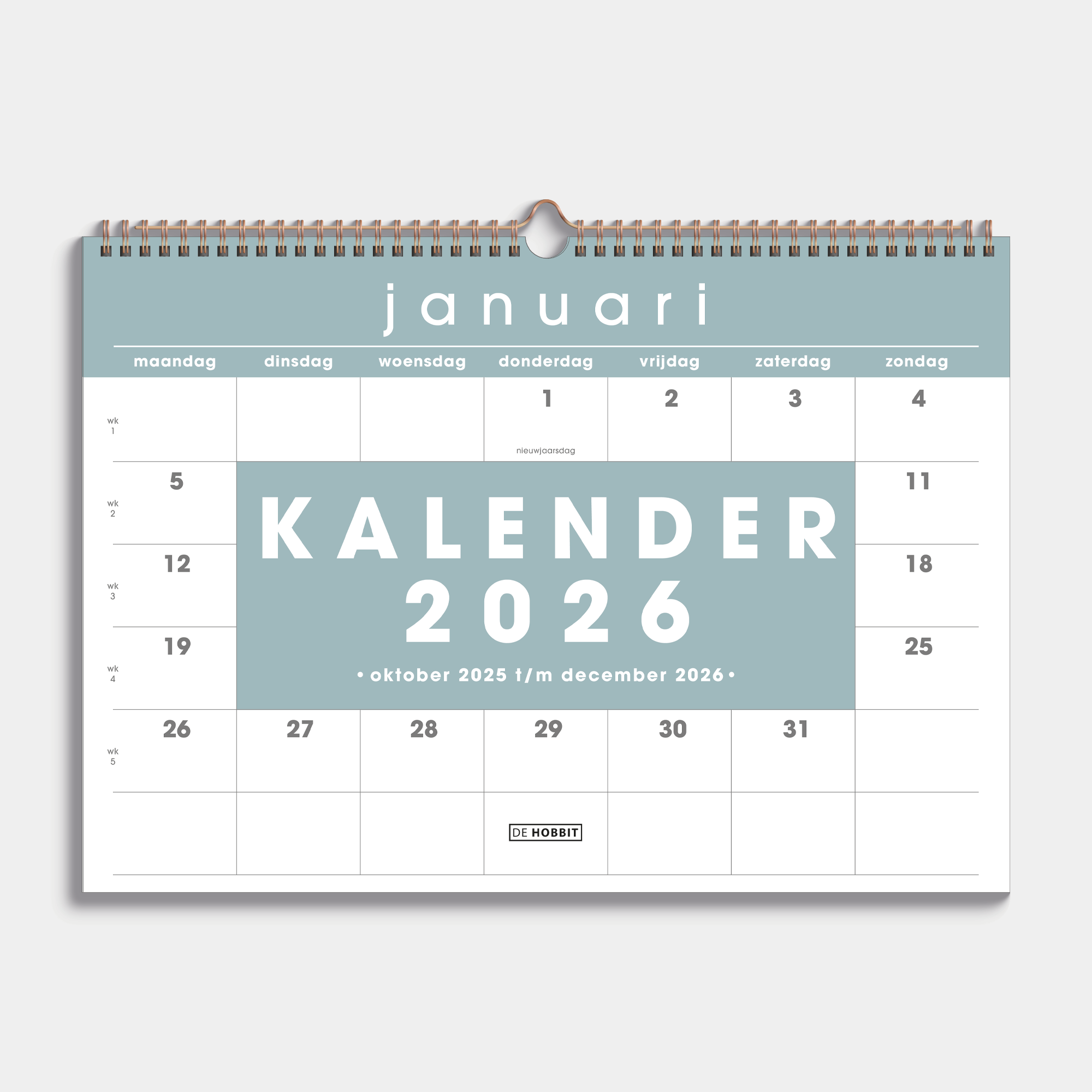 Maandkalender 2026 in A3 met grijsgroene kleuraccenten en metalen spiraal – vooraanzicht.