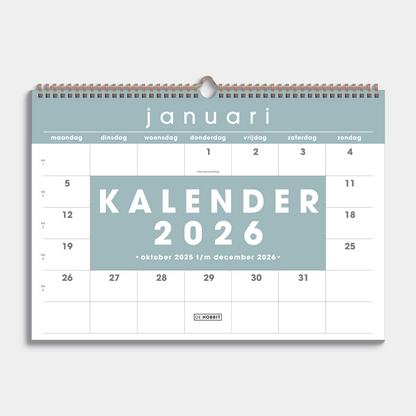 Maandkalender 2026 in A3 met grijsgroene kleuraccenten en metalen spiraal – vooraanzicht.