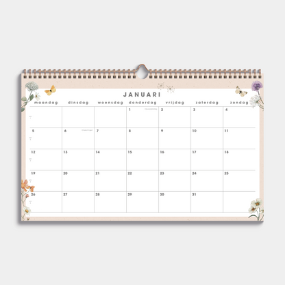 Maandkalender 2026 in bijna A3 formaat met veldbloemenprint en metalen spiraal – maandoverzicht.