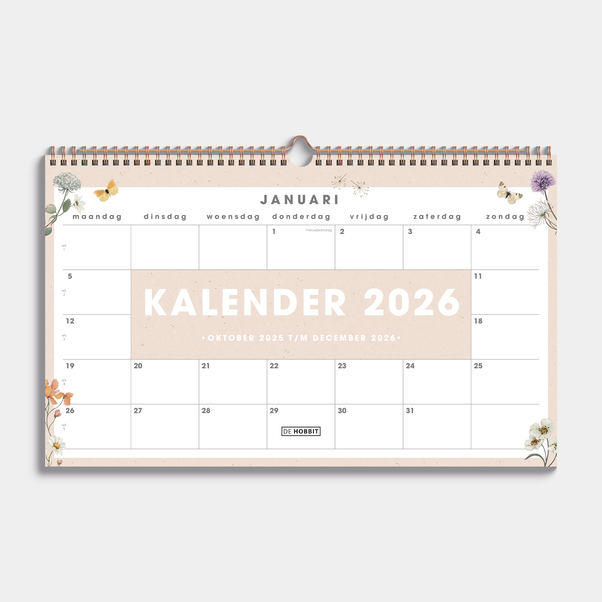 maandkalender 2026 in bijna A3 formaat met veldbloemenprint en metalen spiraal – vooraanzicht.
