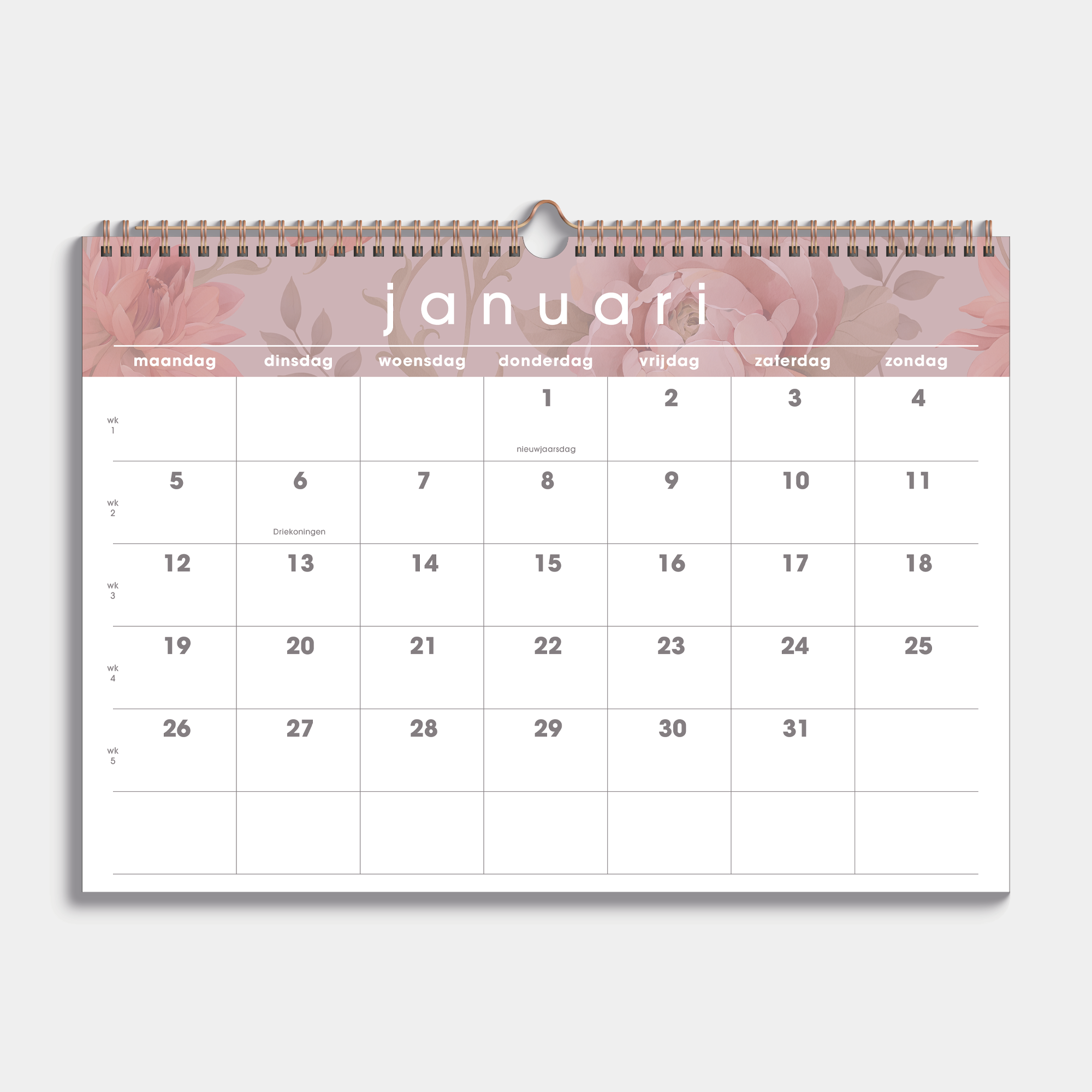 maandkalender 2026 in A3 met een subtiel dessin van vintage bloemen, met een metalen spiraal – maandoverzicht.