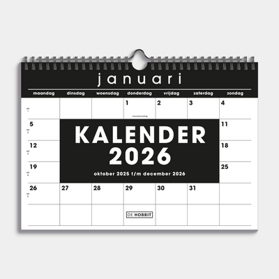 Maandkalender 2026 in basic zwart en wit met metalen spiraal – vooraanzicht.