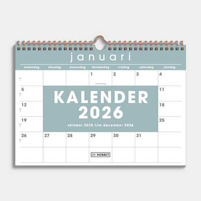 Maandkalender 2026 A4 met grijsgroene accenten en metalen spiraal – vooraanzicht.