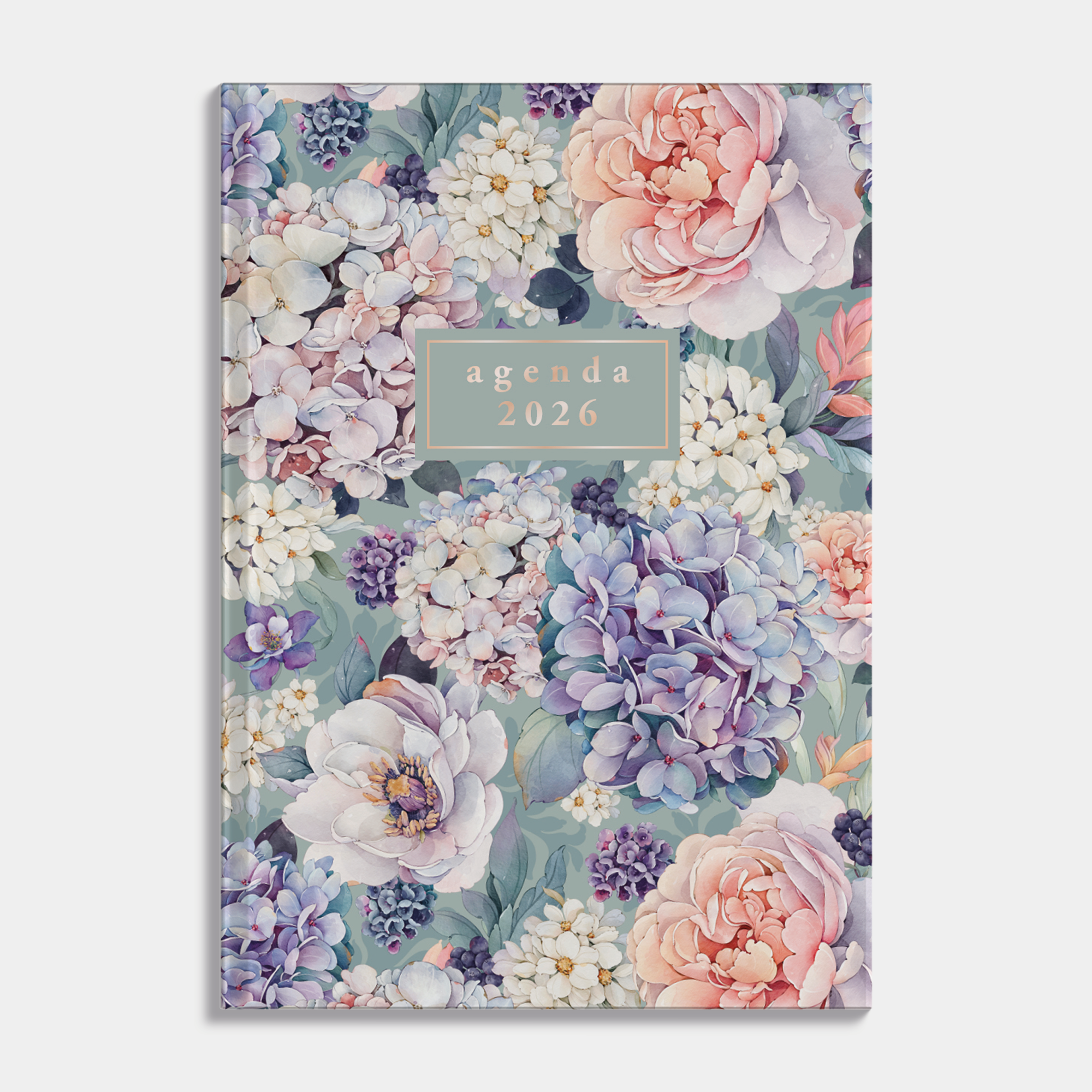 kleine agenda 2026 met print van hortensia's en harde cover – vooraanzicht.