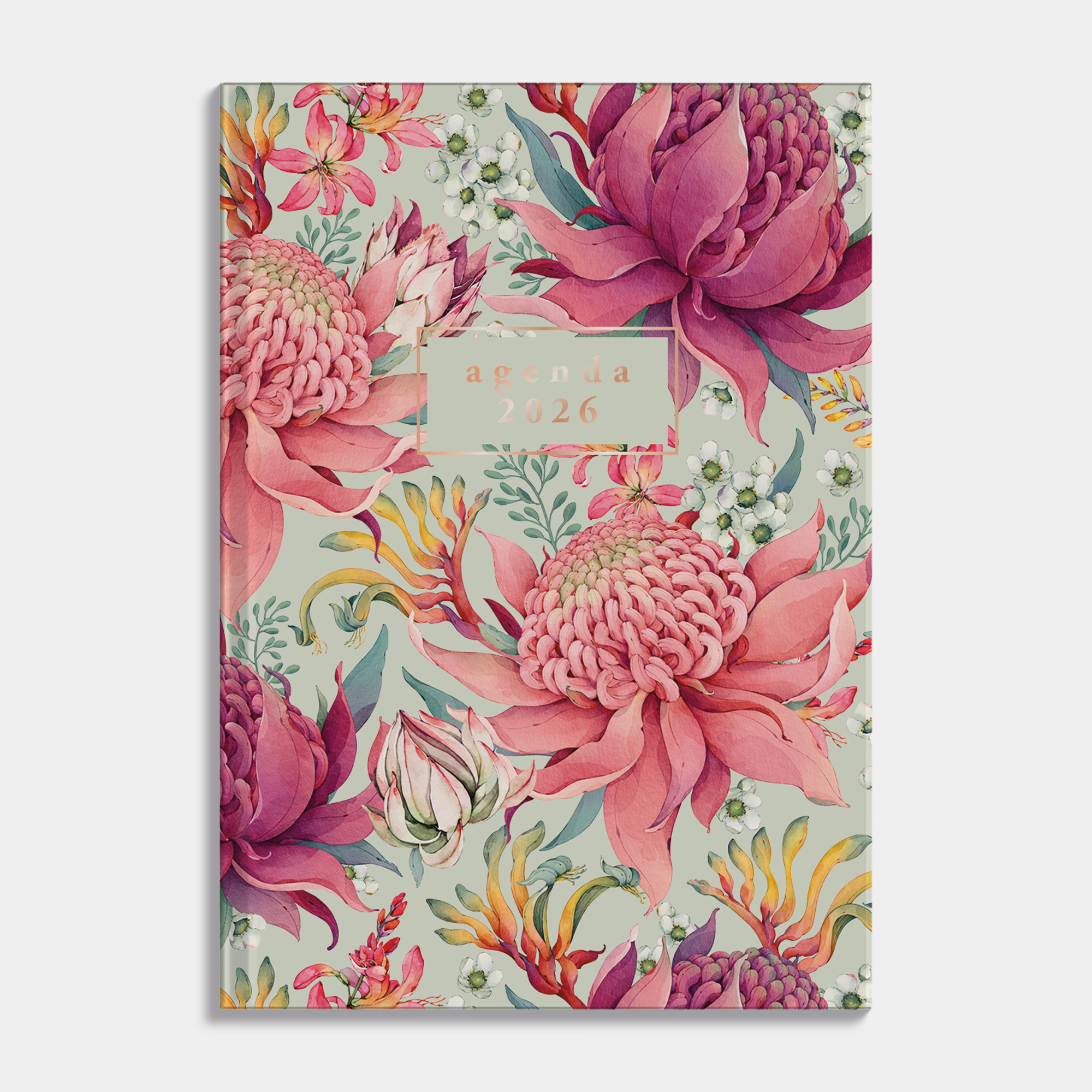 kleine agenda 2026 in A7 formaat met een vrolijke print van tropische bloemen – vooraanzicht.
