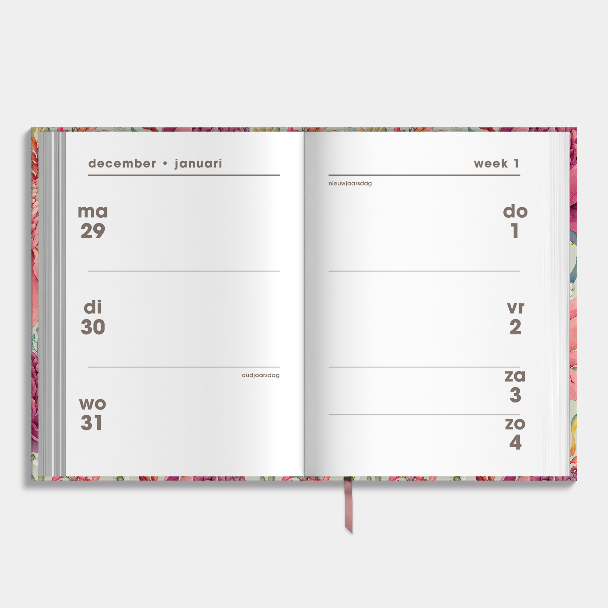 kleine agenda 2026 in A7 formaat met een vrolijke print van tropische bloemen – weekoverzicht.