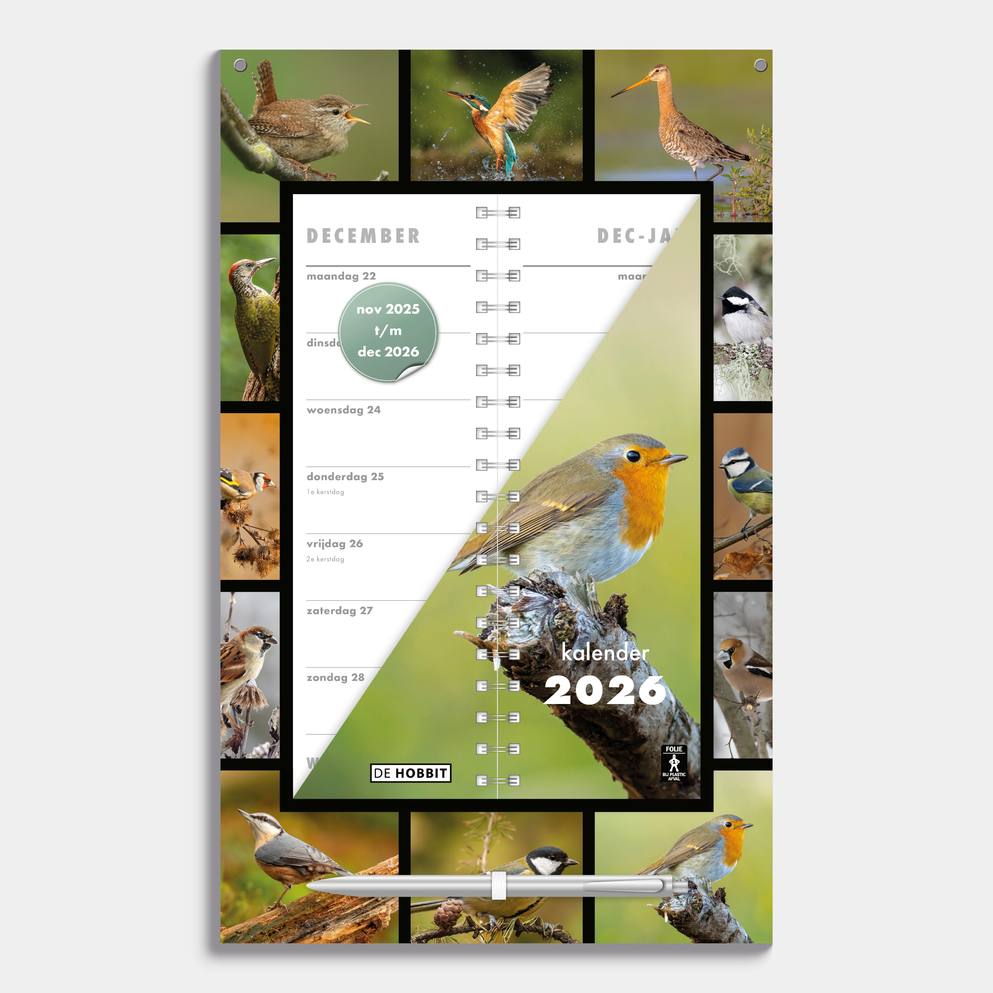 Omslagkalender 2026 met 2-weeks overzicht op een kartonnen bord met afbeeldingen van vogels, voorzien van een pen en ophangkoord – vooraanzicht.