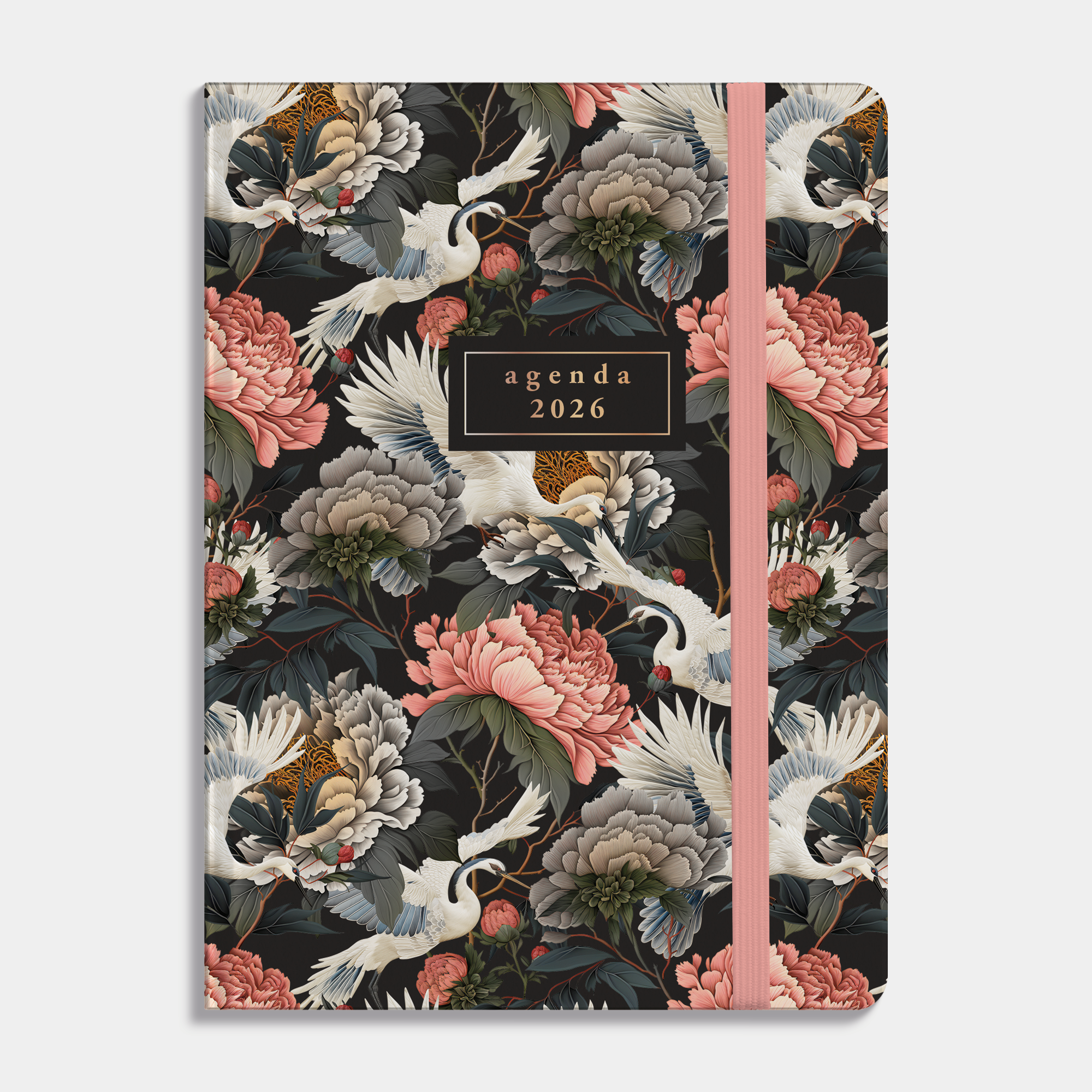 A6 agenda 2026 met chique dessin van kraanvogels en pioenen – vooraanzicht.