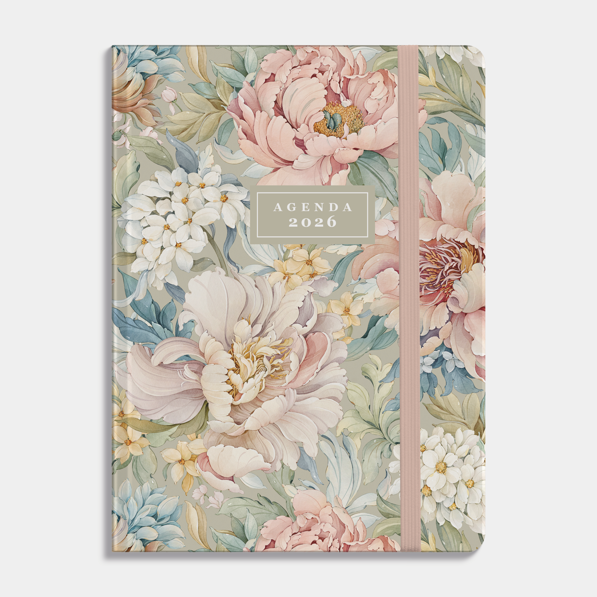 A6 agenda 2026 met vintage dessin van pioenrozen in pasteltinten – vooraanzicht.