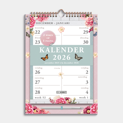 Spiraalkalender 2026 met 2 weeks overzicht in A4 formaat op kartonnen bord in ons brocante thema – vooraanzicht met voorblad.