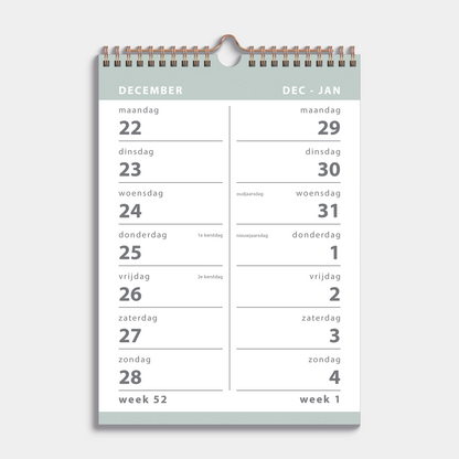 Spiraalkalender 2026 met 2 weeks overzicht in A4 formaat, uitgevoerd met grijsgroene accenten en een koperkleurige metalen spiraal en hanger – binnenwerk met 2 weeks overzicht.