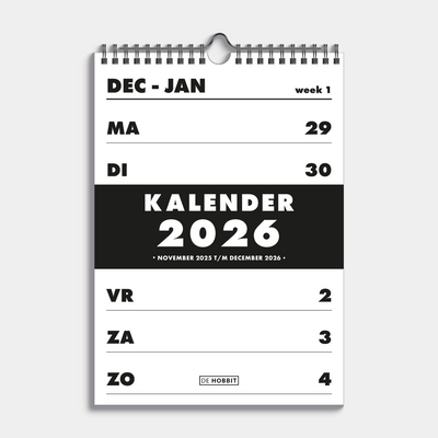 Weekkalender 2026 A4 uitgevoerd in basic zwart en wit met een zwarte metalen spiraal en hanger – vooraanzicht met voorblad.