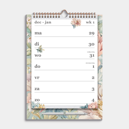 Weekkalender 2026 A4 op een kartonnen bord voorzien van een vintage print van pioenrozen en jasmijn. De kalender is gebonden in een koperkleurige metalen spiraal en hanger – binnenwerk met weekoverzicht.