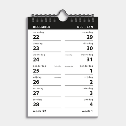 Spiraalkalender 2026 met 2 weeks overzicht in A5 formaat, uitgevoerd met in basic zwart/wit en gebonden in een zwarte metalen spiraal en hanger – binnenwerk met 2-weeks overzicht.