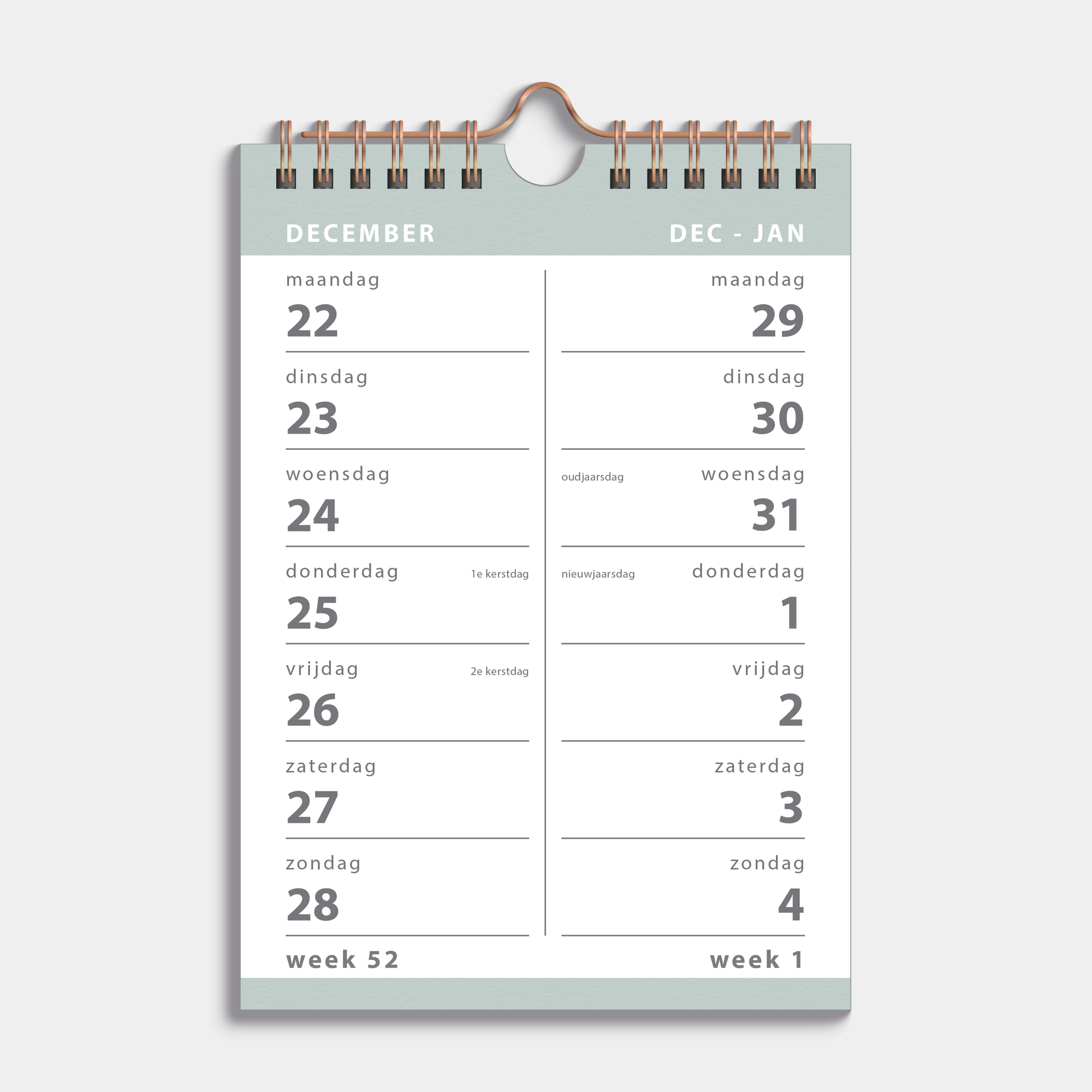 Spiraalkalender 2026 met 2 weeks overzicht in A5 formaat, uitgevoerd met grijsgroene accenten en een koperkleurige metalen spiraal en hanger – binnenwerk met 2 weeks overzicht.