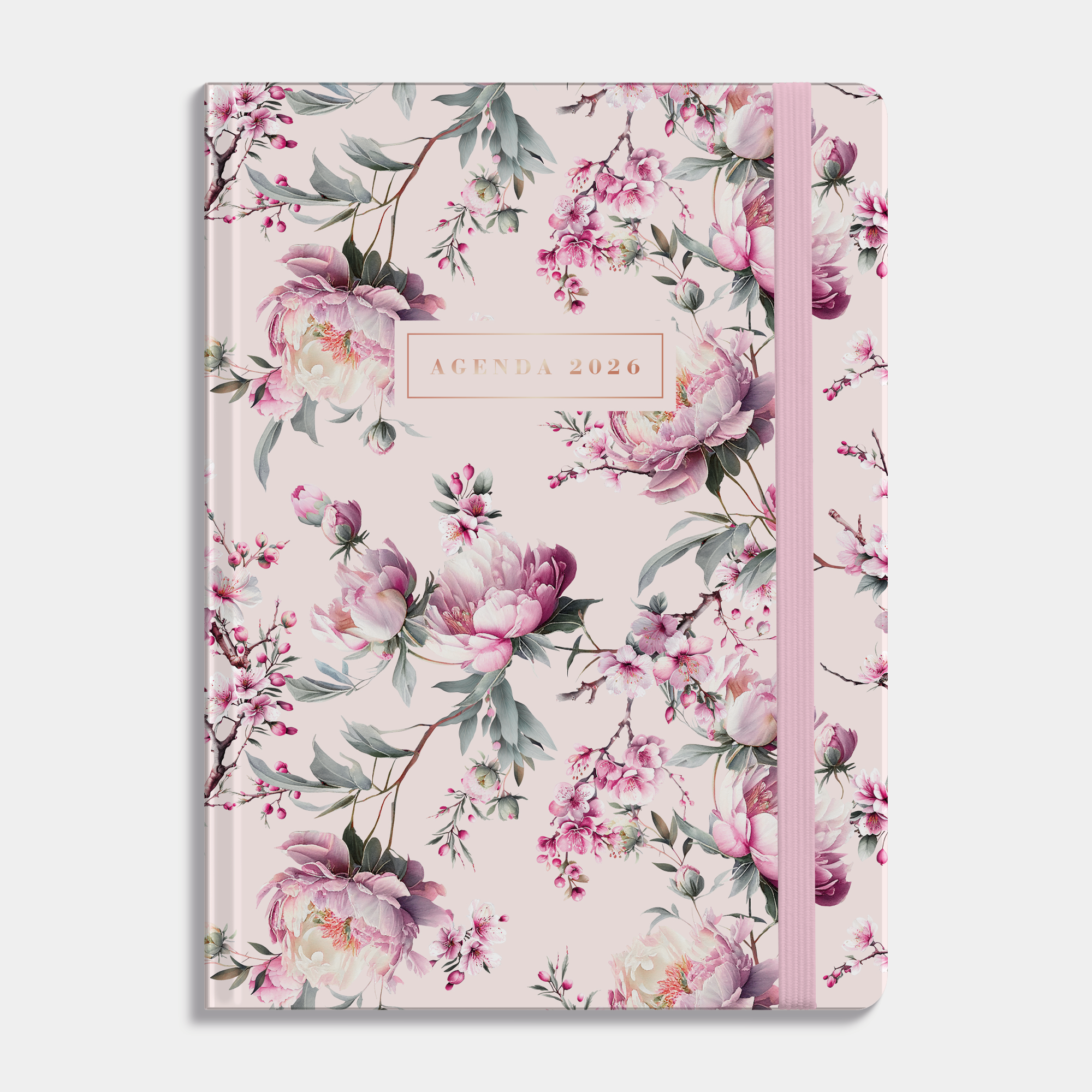 B6 weekagenda 2026 met kersenbloesemprint, met harde kaft en elastische sluiting – vooraanzicht.