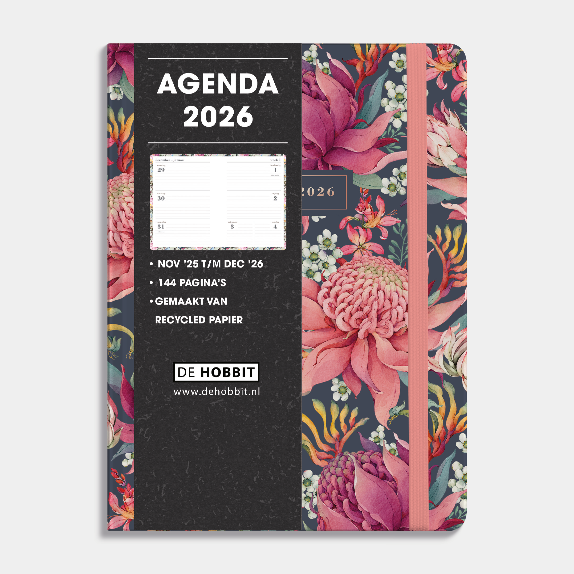 B6 weekagenda 2026 met print van tropische bloemen op een donkere achtergrond, met harde kaft en elastische sluiting – vooraanzicht met informatieve banderol.