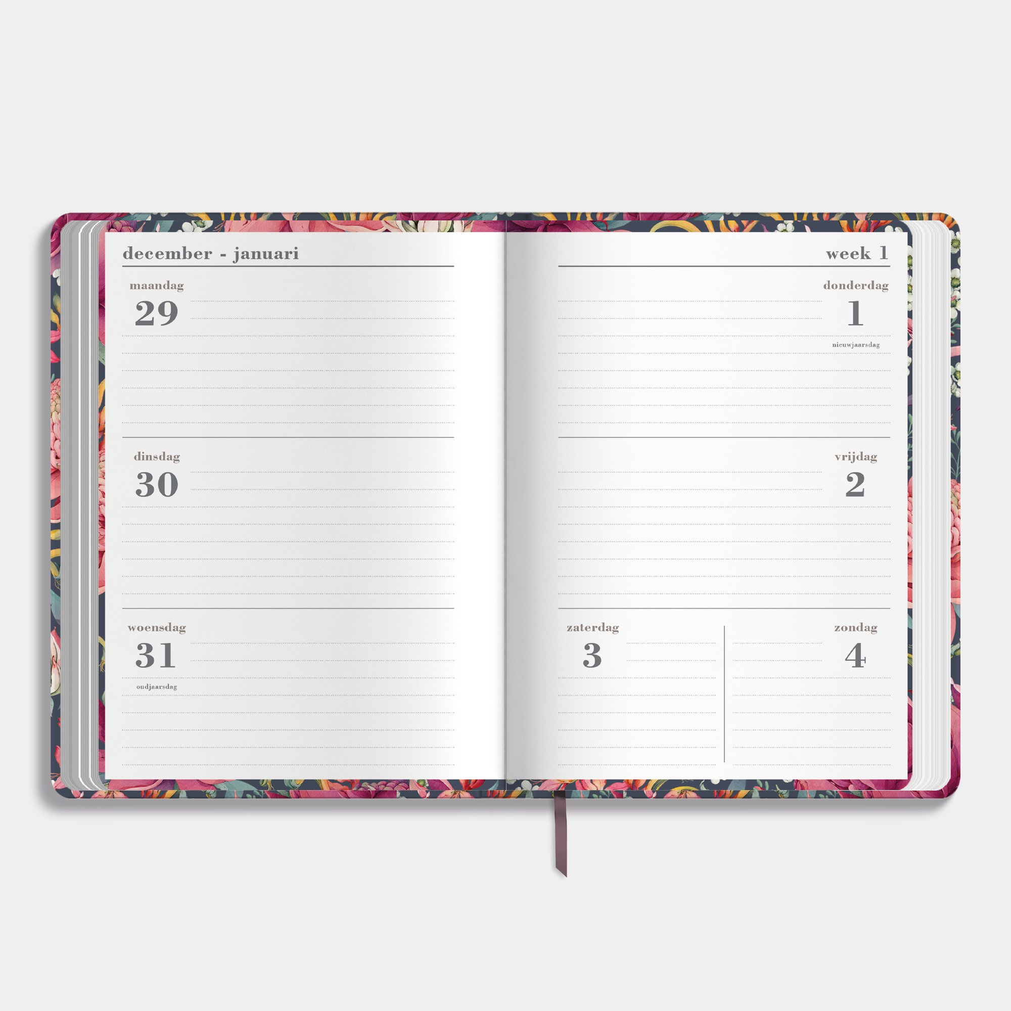 B6 weekagenda 2026 met print van tropische bloemen – binnenwerk met weekoverzicht.