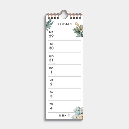 weekkalender 2026 in half A4 formaat met een vintage bloemen dessin, gebonden in koperkleurige metalen spiraal – weekoverzicht.