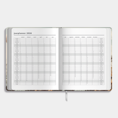 weekplanner 2026 met stijlvolle veldbloemenprint – binnenwerk met jaarplanner.