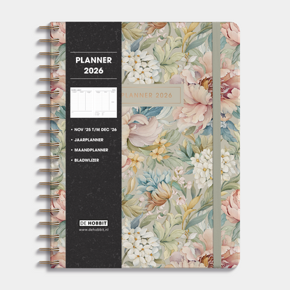 weekplanner 2026 met vintage print van pioenrozen en jasmijn in pasteltinten, harde cover en elastische sluiting – vooraanzicht met informatieve banderol.