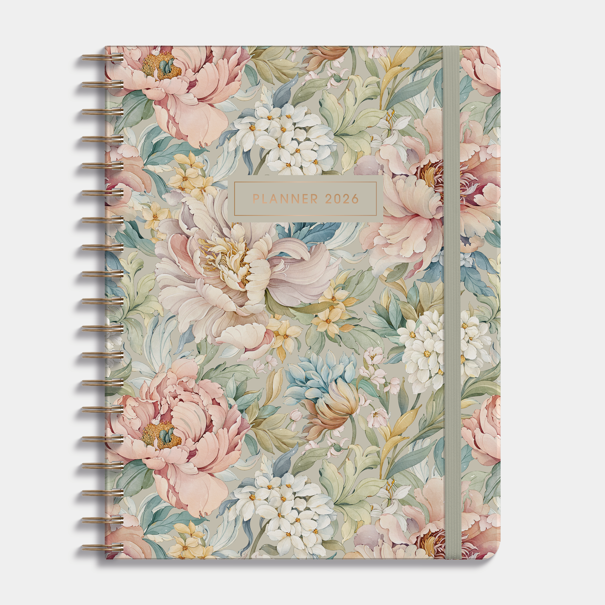weekplanner 2026 met vintage print van pioenrozen en jasmijn in pasteltinten, harde cover en elastische sluiting – vooraanzicht.