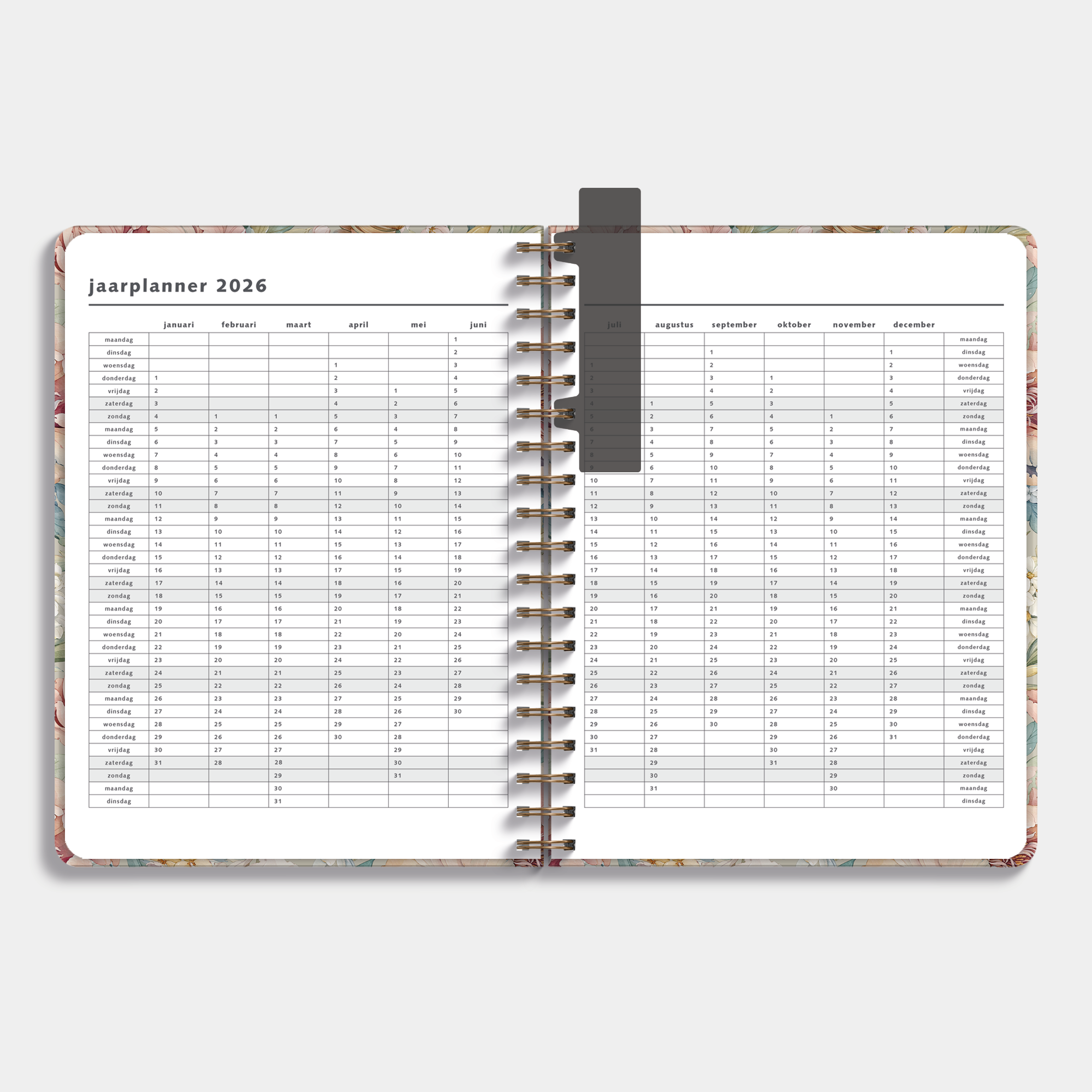 weekplanner 2026 met vintage print van pioenen en jasmijn – binnenwerk met jaarplanner.