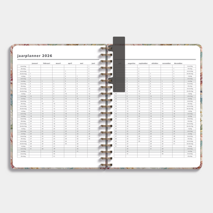 weekplanner 2026 met vintage print van pioenen en jasmijn – binnenwerk met jaarplanner.