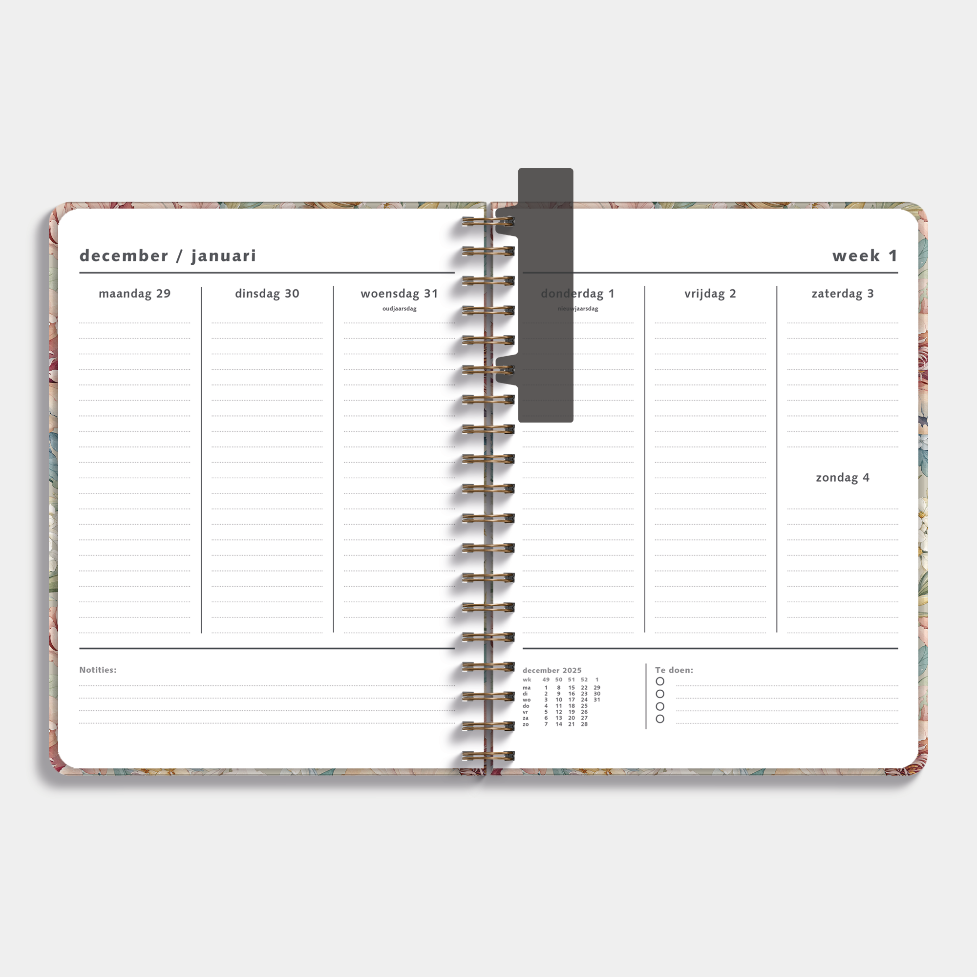 Weekplanner 2026 met vintage print van pioenen en jasmijn – binnenwerk met weekoverzicht en ruimte voor notities.